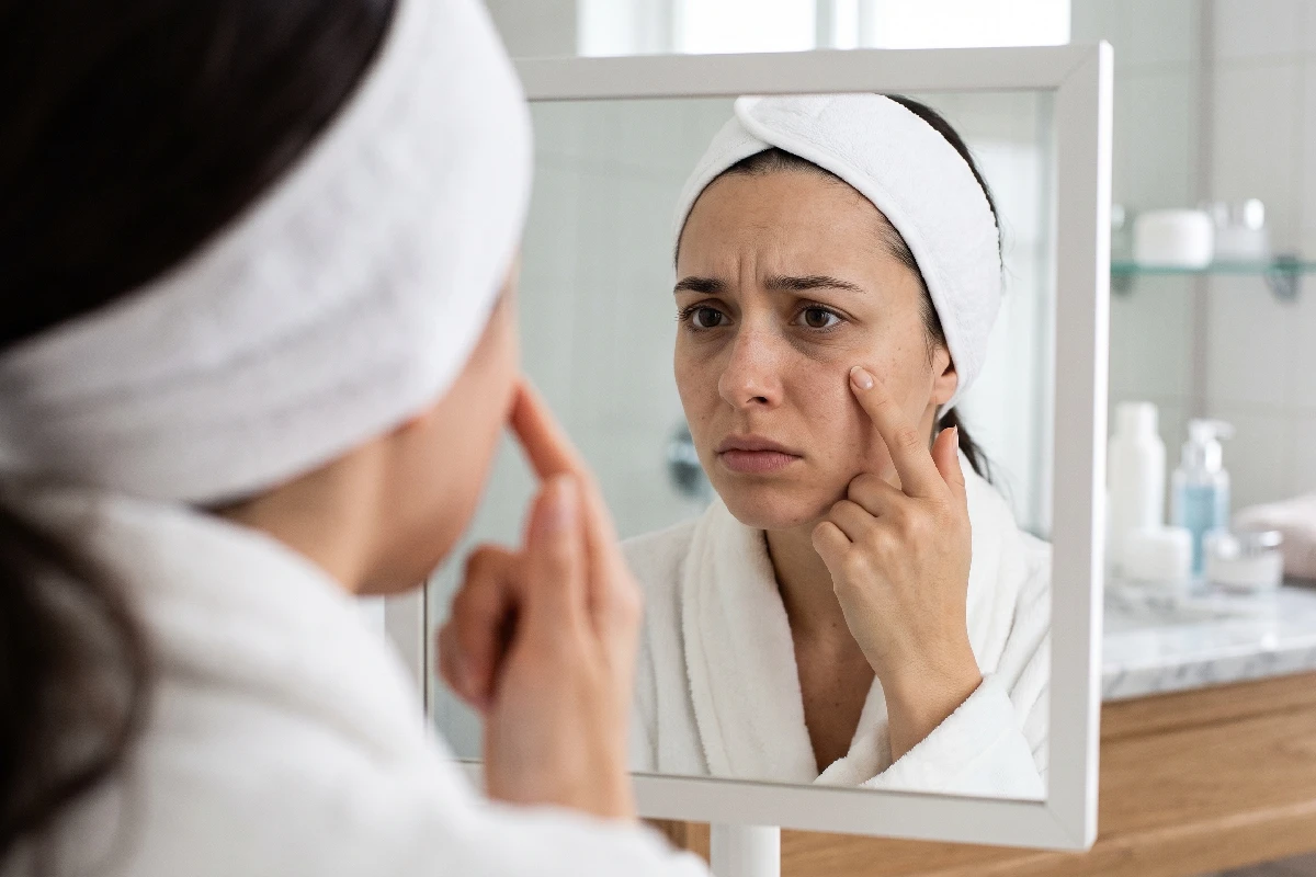 Person examining under-eye puffiness and dark circles before mesotherapy treatment for brighter, refreshed-looking eyes.